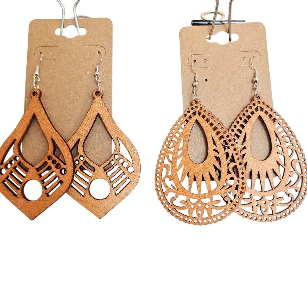 Wood Dangle Earrings Lightweight Teardrop Laser Cut Pierced Boho Jewelry 2 Pairs